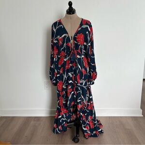 G Style Womens Dress Onesize Red Blue Gray Tropical Floral Maxi Tiered Tassels